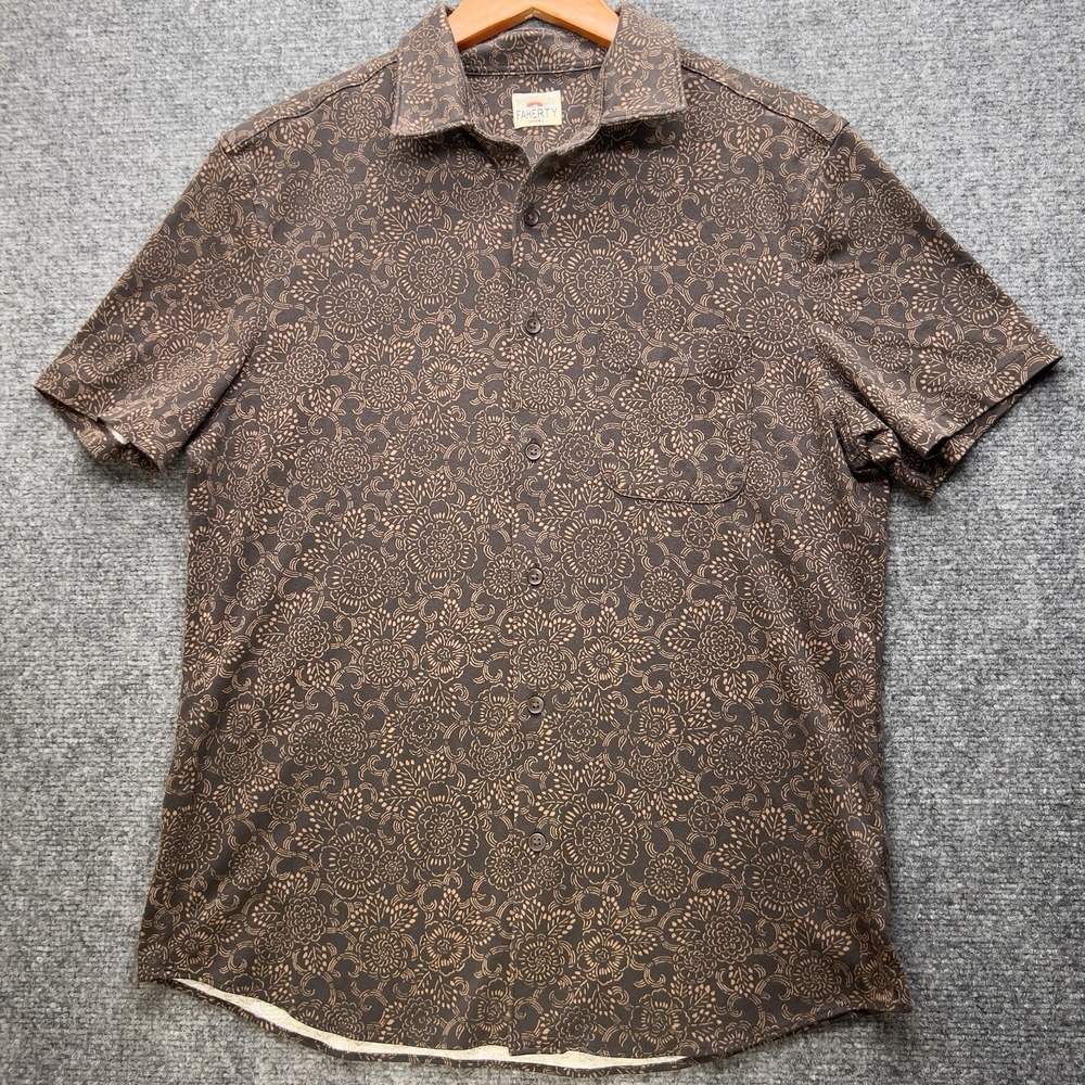 Faherty Brand Short Sleeve Button Up Shirt Brown Floral Hawaiian Camp